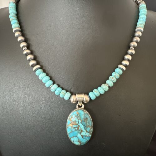 Navajo Blue Mojave Turquoise Pendant | Sterling Silver Pearl Necklace | Authentic Native American Handmade | 17079