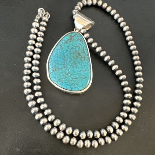 Men's Navajo Blue Spiderweb Turquoise Pendant Necklace | Sterling Silver | Authentic Native American Handmade | 16204