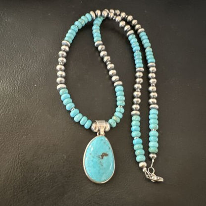 Navajo Blue Kingman Turquoise Pendant Necklace | Sterling Silver | 21" | Authentic Native American Handmade | 16932