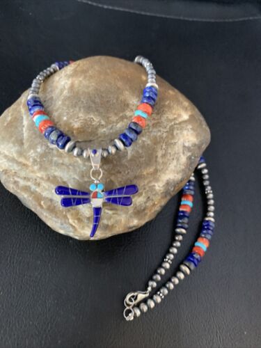 Blue Turquoise & Lapis Dragonfly Pendant Necklace | Navajo Sterling Silver | Authentic Native American Handmade | 13537
