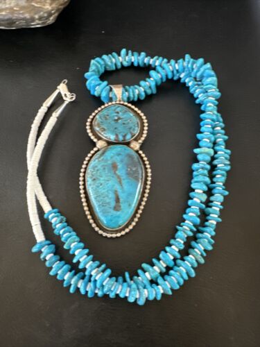 Navajo Blue Kingman Turquoise Pendant Necklace | Sterling Silver | 32" | Authentic Native American Handmade | 16068