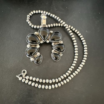 Men's Black Onyx Naja Pendant | Navajo Pearls Sterling Silver Necklace | Authentic Native American Handmade | 17070