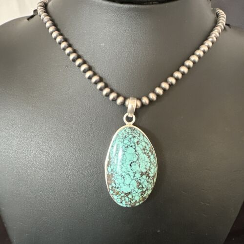 Men's Navajo Blue Spiderweb Turquoise Pendant Necklace | Sterling Silver | Authentic Native American Handmade | 16194