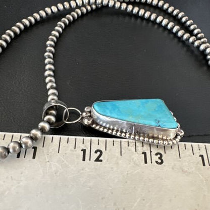 Navajo Pearls Kingman Turquoise Pendant Necklace | Sterling Silver | Authentic Native American Handmade | 17132