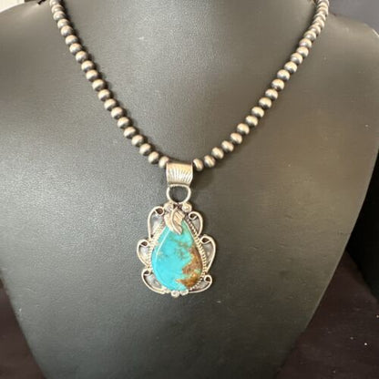 Men's Blue Kingman Turquoise Pendant Necklace | Navajo Pearls | Sterling Silver | 16022