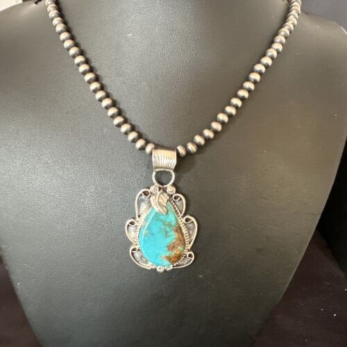 Men's Blue Kingman Turquoise Pendant Necklace | Navajo Pearls | Sterling Silver | 16022