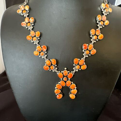 Navajo Orange Spiny Oyster Squash Blossom Necklace | Sterling Silver | Authentic Native American Handmade | 16830