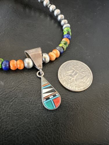 Navajo Spiny Oyster Turquoise Lapis Inlay Pendant Necklace | Sterling Silver | 21" | Authentic Native American Handmade | 16631