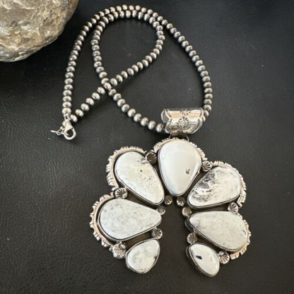 Navajo White Buffalo Turquoise Necklace Naja Pendant | Sterling Silver | Authentic Native American Handmade | 16805