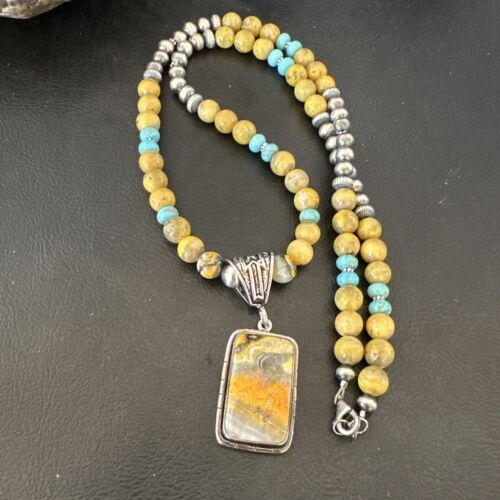 Men's BumbleBee Jasper Pendant Necklace | Navajo Pearls | Sterling Silver | Authentic Native American Handmade | 16874