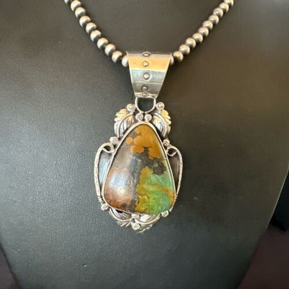 Men's Navajo Green Turquoise Pendant Necklace | Sterling Silver | Authentic Native American Handmade | 17532