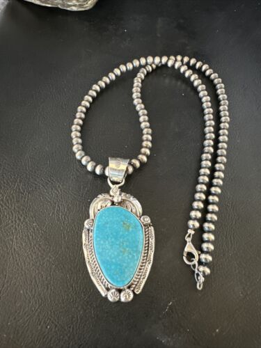 Navajo Kingman Turquoise Pendant Necklace | Sterling Silver Pearls | Authentic Native American Handmade | 15210