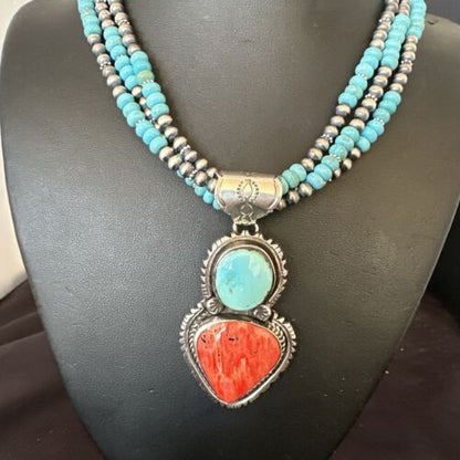 Navajo Pearls Blue Turquoise Spiny Pendant Necklace | Sterling Silver | 3-Strand | 16827