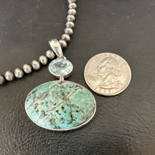 Navajo Dry Creek Turquoise Topaz Pendant Necklace | Sterling Silver | Authentic Native American Handmade | 16442