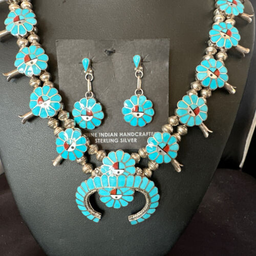 Zuni Turquoise Squash Blossom Necklace with Naja Earrings | Sterling Silver | Native American Handmade | 16167