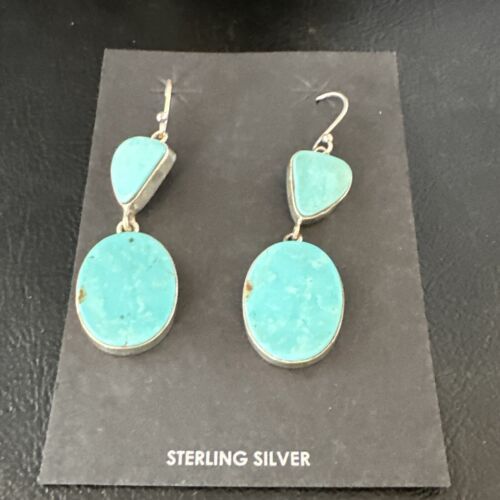 Navajo Blue Kingman Turquoise Dangle Earrings | Sterling Silver | Authentic Native American Handmade | 15107