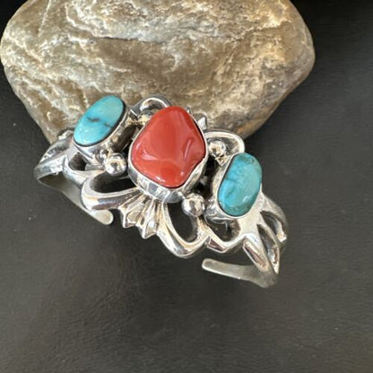 Kingman Turquoise Coral Cuff Bracelet | Navajo Tufa Cast | Sterling Silver | Authentic Native American Handmade | 16406