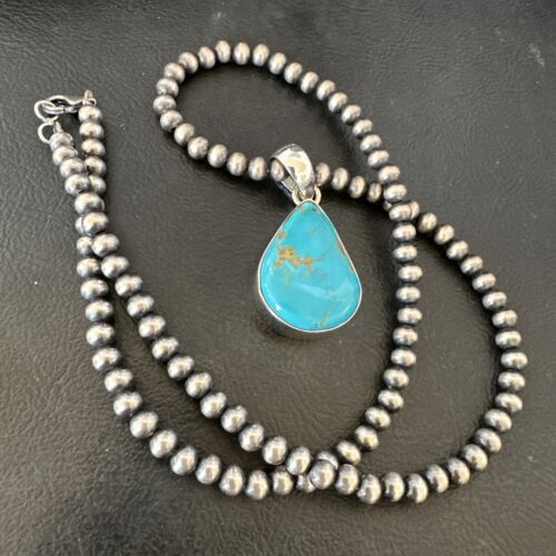 Navajo Blue Kingman Turquoise Pendant Necklace | Sterling Silver | 20" | Authentic Native American Handmade | 16674