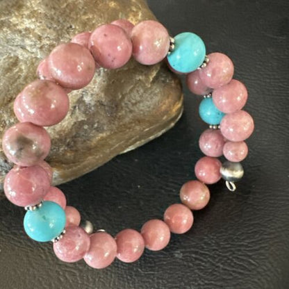 Navajo Pink Rhodochrosite Turquoise Bracelet | Stainless Steel Memory Wire | Authentic Native American Handmade | 17626 - Masha USA
