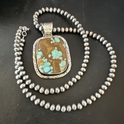 Navajo Blue Turquoise #8 Pendant | Sterling Silver Necklace with Pearls | Authentic Native American Handmade | 16350