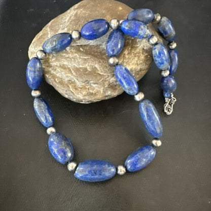 Navajo Blue Denim Lapis Chunky Necklace | Sterling Silver | 19" | Authentic Native American Handmade | 17486