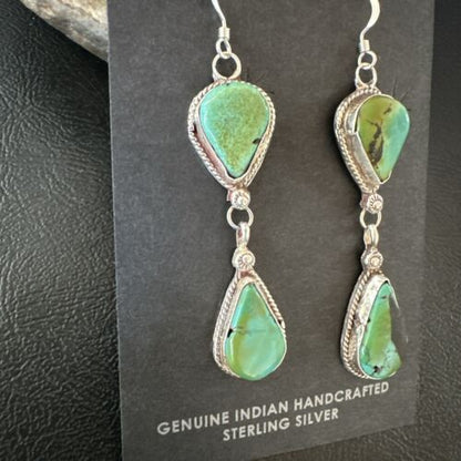 Navajo Green Royston Turquoise Dangle Earrings | Sterling Silver | Authentic Native American Handmade | 17140