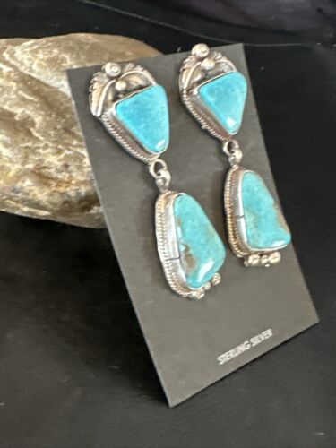 Kingman Turquoise Dangle Earrings | Navajo Handmade | Sterling Silver | Authentic Native American | 14877
