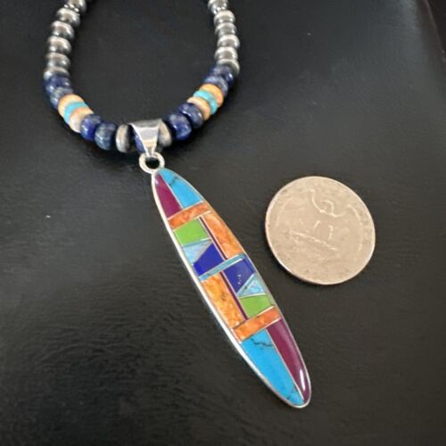 Navajo Spiny Oyster Turquoise Lapis Inlay Pendant Necklace | Sterling Silver | 21" | Authentic Native American Handmade | 16766