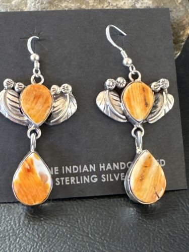 Navajo Orange Spiny Oyster Dangle Earrings | Sterling Silver | 1.5" | Authentic Native American Handmade | 16576