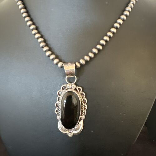 Men's Navajo Pearls Black Onyx Necklace Pendant | Sterling Silver | Authentic Native American Handmade | 16534 - Masha USA