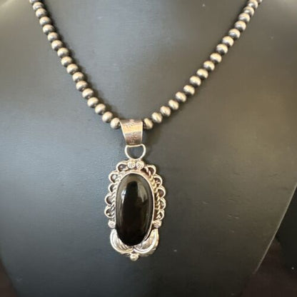 Men's Navajo Pearls Black Onyx Necklace Pendant | Sterling Silver | Authentic Native American Handmade | 16534 - Masha USA