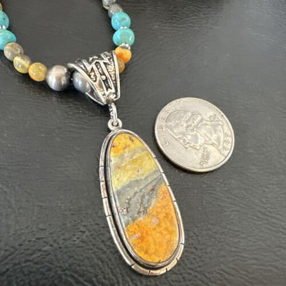 Navajo BumbleBee Jasper Pendant with Pearls | Sterling Silver Necklace | Authentic Native American Handmade | 16877