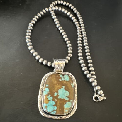 Navajo Blue Turquoise #8 Pendant | Sterling Silver Necklace with Pearls | Authentic Native American Handmade | 16350