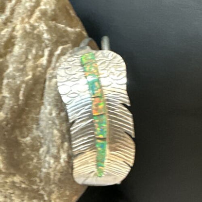 Navajo Green Fire Opal Inlay Bracelet | Sterling Silver | 7" | Authentic Native American Handmade | 15071