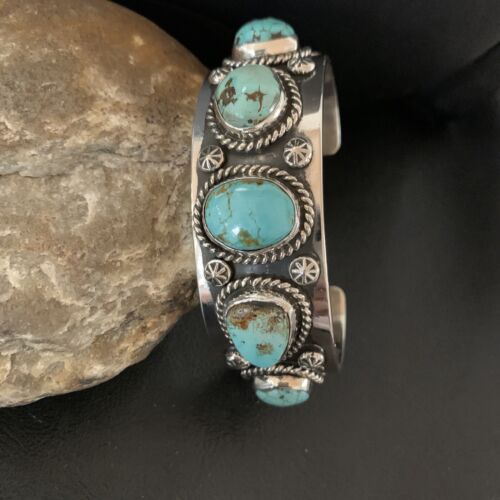 Navajo Blue Royston Turquoise 5 Stone Cuff Bracelet | Sterling Silver | Authentic Native American Handmade | 01383