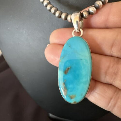 Navajo Blue Kingman Turquoise Pendant Necklace | Sterling Silver | 20" | Authentic Native American Handmade | 16992