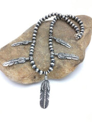 Navajo Pearls Feather Pendant Necklace | Sterling Silver | 16" | Authentic Native American Handmade | 17533