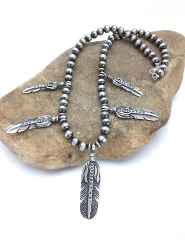 Navajo Pearls Feather Pendant Necklace | Sterling Silver | 16" | Authentic Native American Handmade | 17533