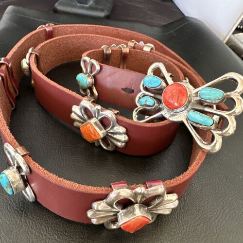 Men's Turquoise Spiny Oyster Concho Belt | Sterling Silver Navajo Tufa | Authentic Native American Handmade | 16680