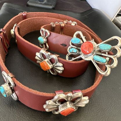 Men's Turquoise Spiny Oyster Concho Belt | Sterling Silver Navajo Tufa | Authentic Native American Handmade | 16680
