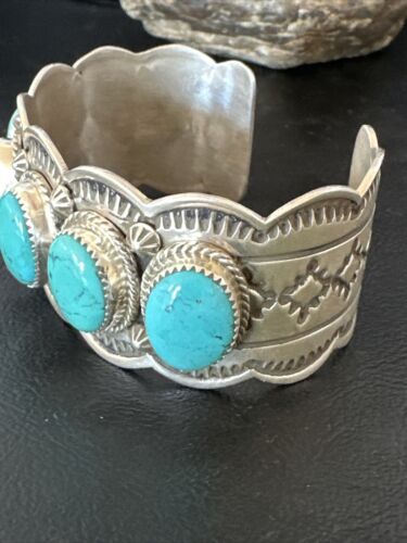 Navajo Blue Turquoise 5 Stone Cuff Bracelet | Sterling Silver | XL Men's | Authentic Native American Handmade | 15859