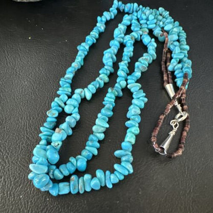 Navajo Blue Kingman Nugget Turquoise Necklace | 2 Strand | Sterling Silver | 20" | 15341
