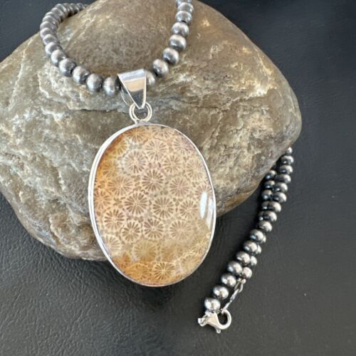 Navajo Champagne Fossil Coral Pendant Necklace | Sterling Silver Beads | Authentic Native American Handmade | 16370