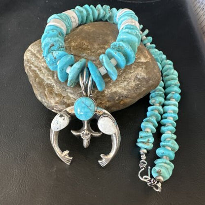 Navajo White Buffalo Blue Turquoise Naja Pendant | Sterling Silver Necklace | Authentic Native American Handmade | 15026