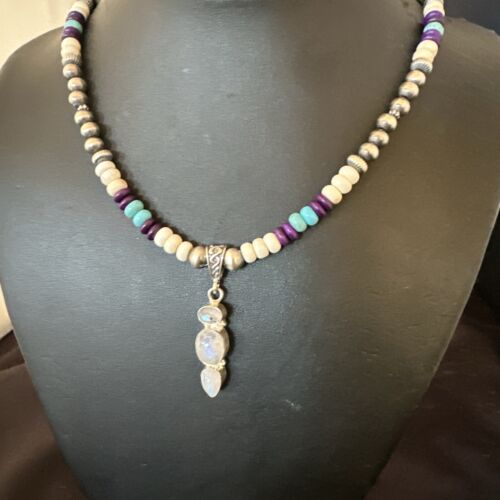 Navajo White Mother of Pearl, Turquoise, Sugilite Pendant Necklace | Sterling Silver | 16929