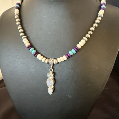 Navajo White Mother of Pearl, Turquoise, Sugilite Pendant Necklace | Sterling Silver | 16929