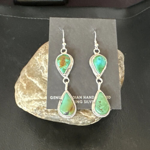 Navajo Green Royston Turquoise Dangle Earrings | Sterling Silver | Authentic Native American Handmade | 16492 - Masha USA