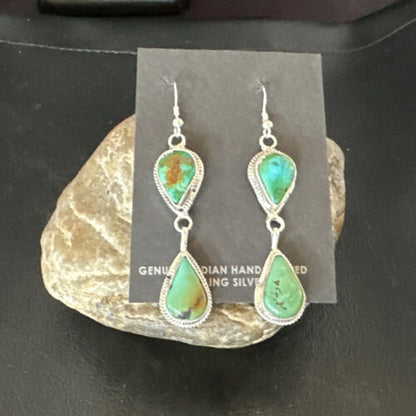 Navajo Green Royston Turquoise Dangle Earrings | Sterling Silver | Authentic Native American Handmade | 16492 - Masha USA