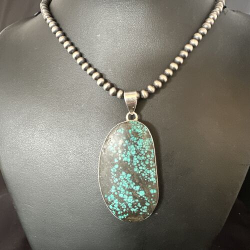 Navajo Blue Spiderweb Turquoise Pendant Necklace | Sterling Silver Pearls | Authentic Native American Handmade | 15568