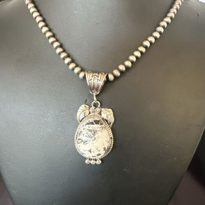 Navajo White Buffalo Turquoise Pendant Necklace | Sterling Silver | Authentic Native American Handmade | 17524